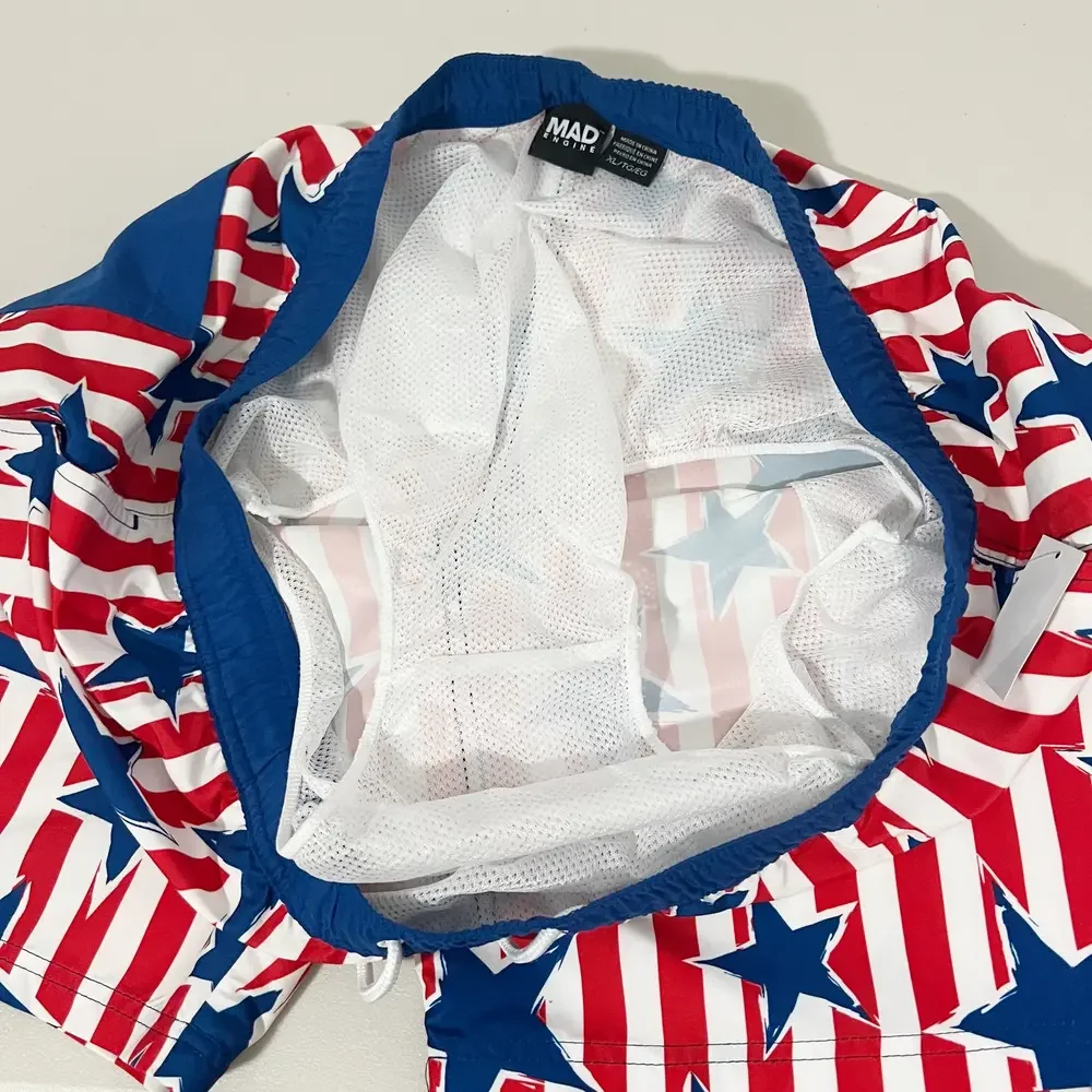 Mad Engine Mens Star Print Striped Americana 4th Of July Swim Trunks‎ XL New